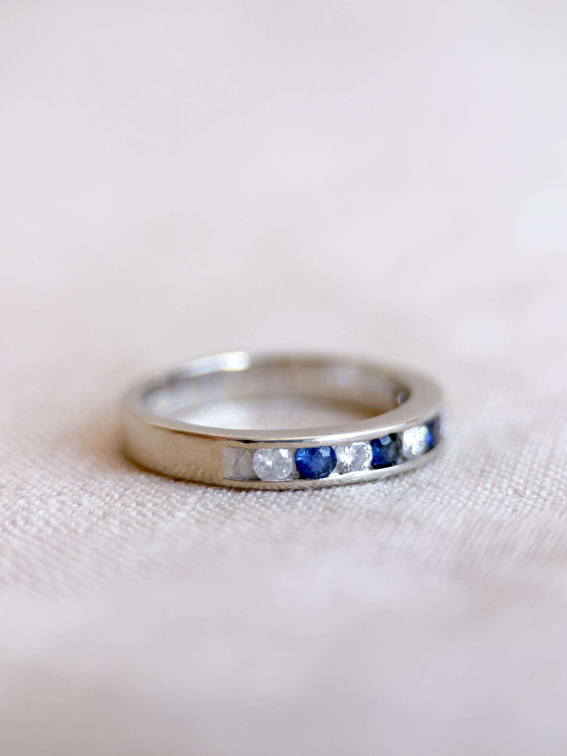Vintage Diamond and Sapphire Wedding Band, 14k White Gold, Channel Minimalist Ring, Stacking Band