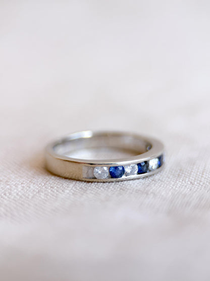 Vintage Diamond and Sapphire Wedding Band, 14k White Gold, Channel Minimalist Ring, Stacking Band