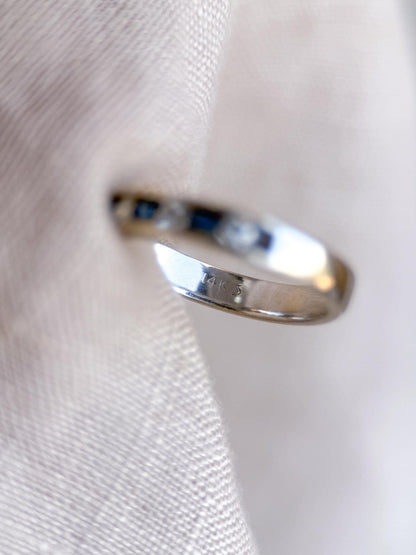 Vintage Diamond and Sapphire Wedding Band, 14k White Gold, Channel Minimalist Ring, Stacking Band