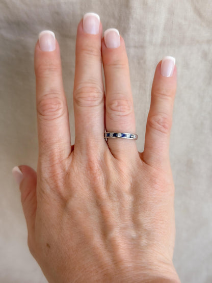Vintage Diamond and Sapphire Wedding Band, 14k White Gold, Channel Minimalist Ring, Stacking Band