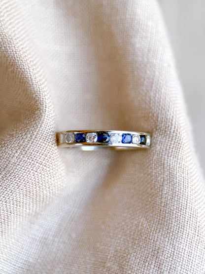 Vintage Diamond and Sapphire Wedding Band, 14k White Gold, Channel Minimalist Ring, Stacking Band