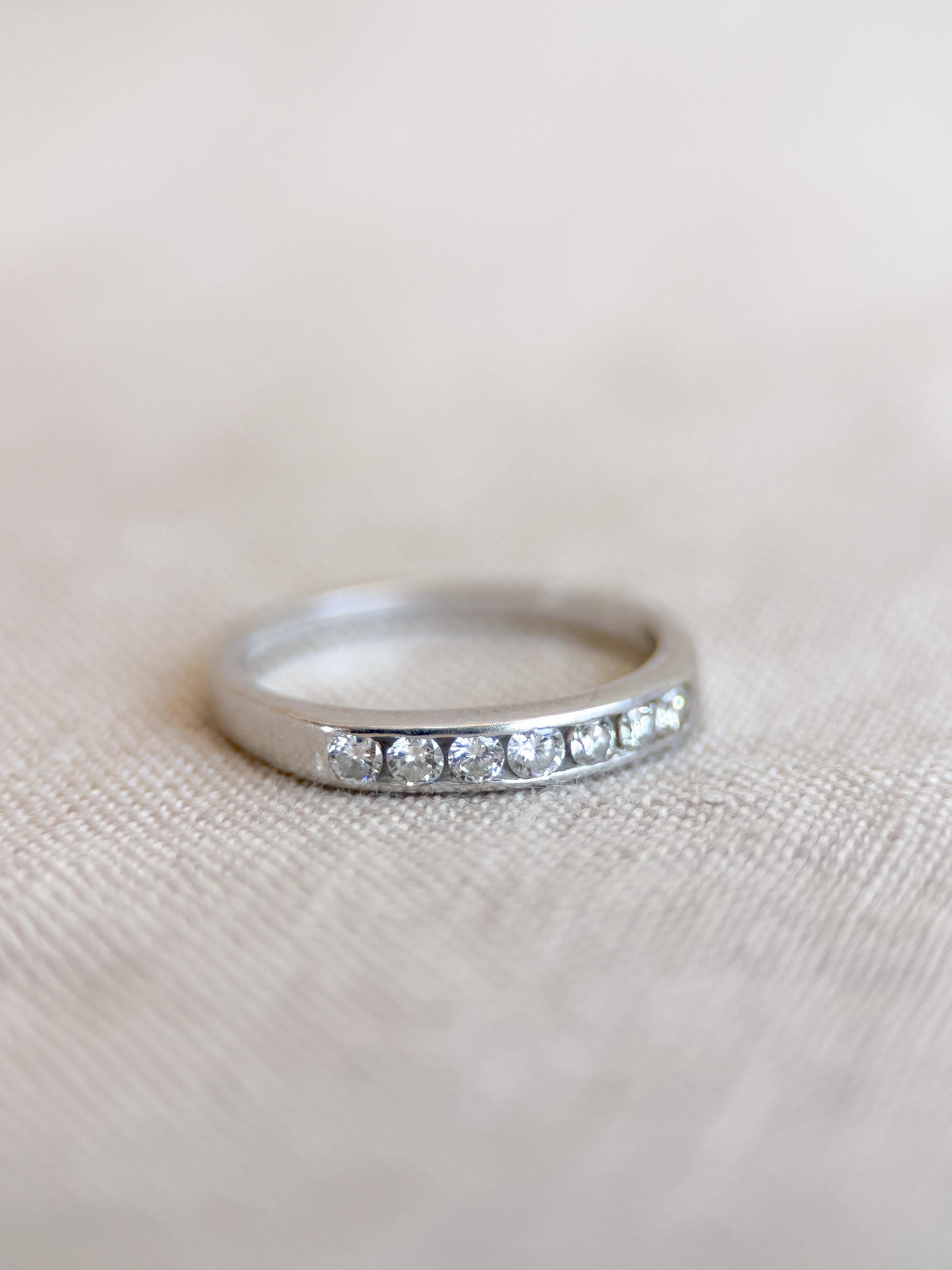 Vintage Diamond Wedding Band, 18k White Gold, Round Channel Set, Minimalist Ring, Stacking Band