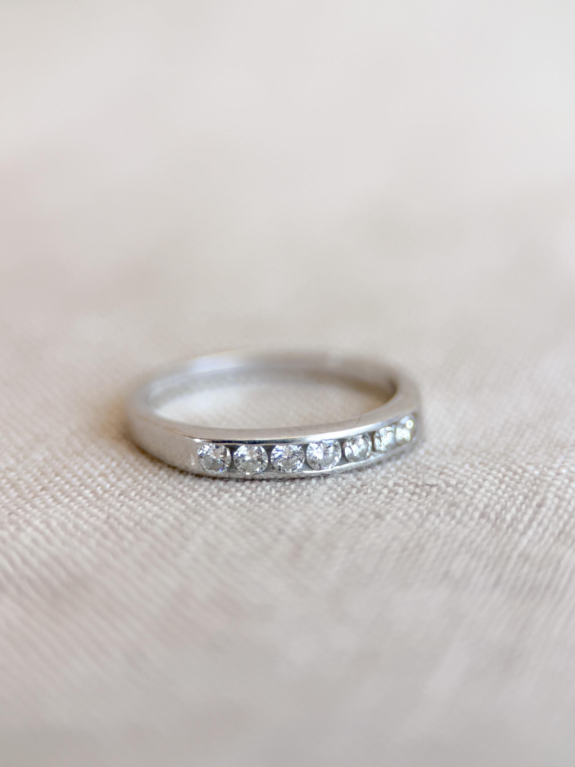 Vintage Diamond Wedding Band, 18k White Gold, Round Channel Set, Minimalist Ring, Stacking Band