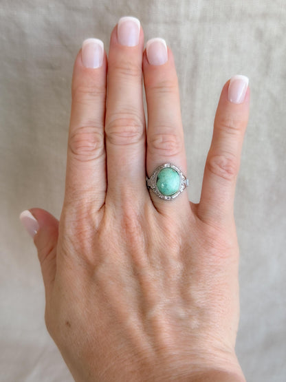 Vintage Turquoise Ring Sterling Silver, Oval Filigree Statement Ring, Boho Everyday Jewelry