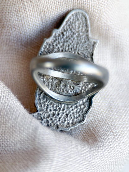 Vintage Gaspeite Ring, Sterling Silver, Floral Feather Statement Ring, Boho Everyday Jewelry