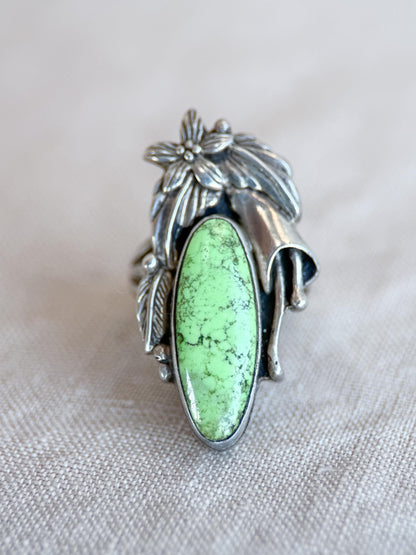 Vintage Gaspeite Ring, Sterling Silver, Floral Feather Statement Ring, Boho Everyday Jewelry
