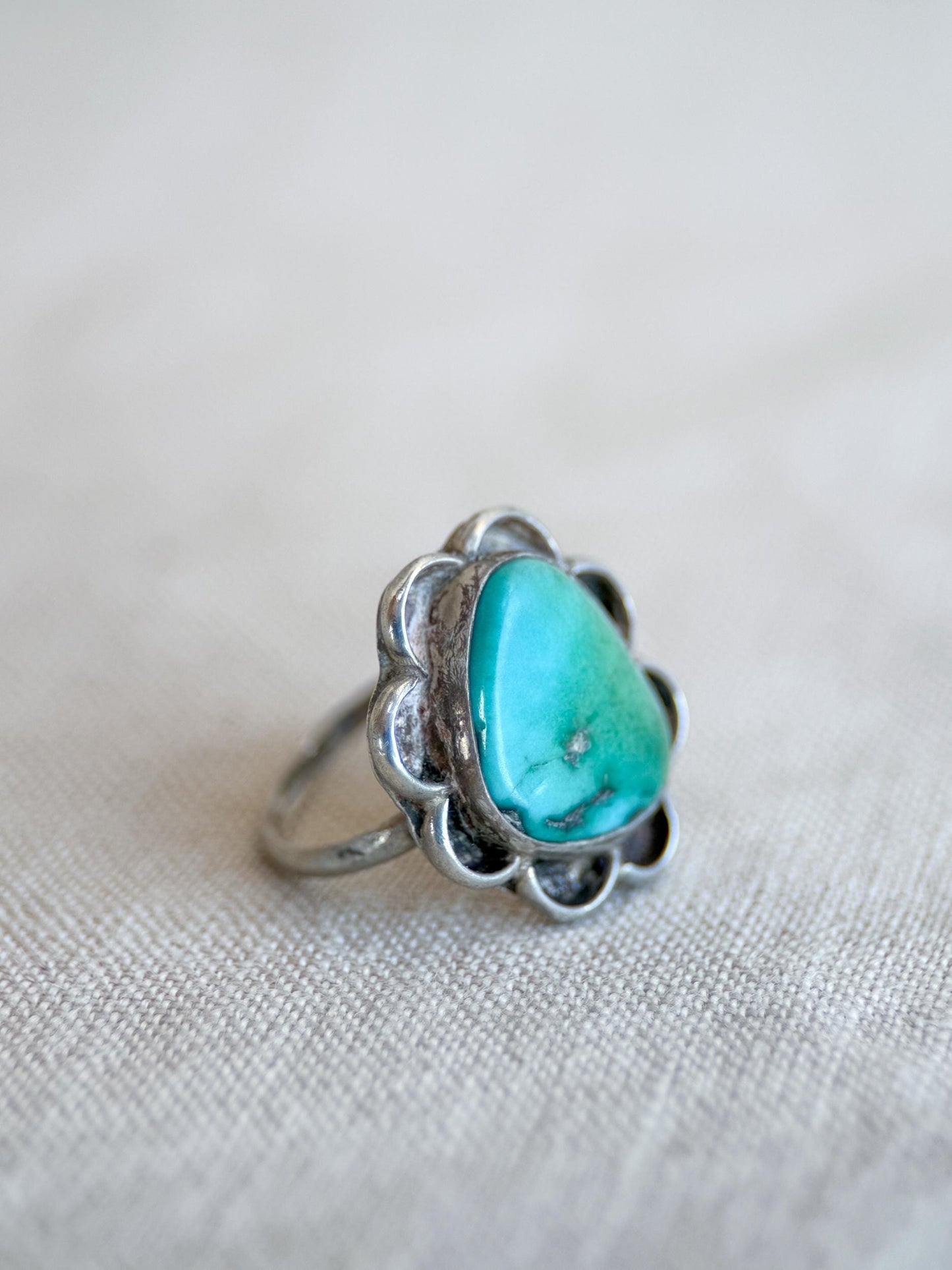 Vintage Turquoise Ring Sterling Silver, Scalloped Floral Statement Ring, Boho Everyday Jewelry