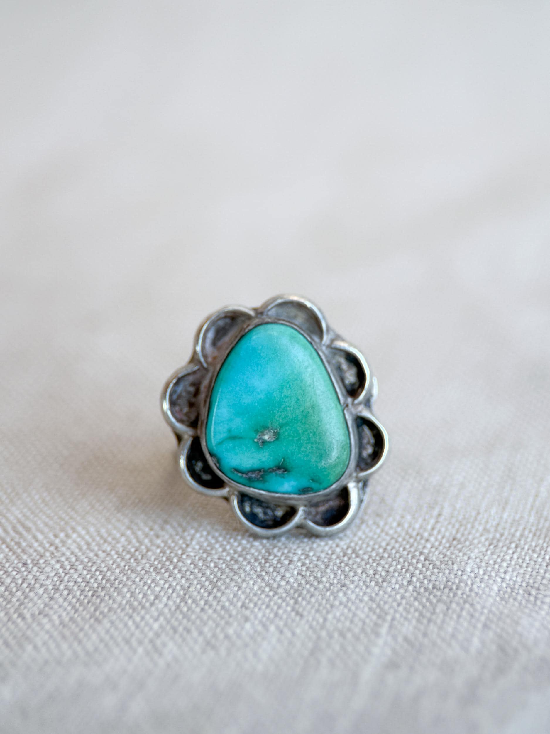 Vintage Turquoise Ring Sterling Silver, Scalloped Floral Statement Ring, Boho Everyday Jewelry