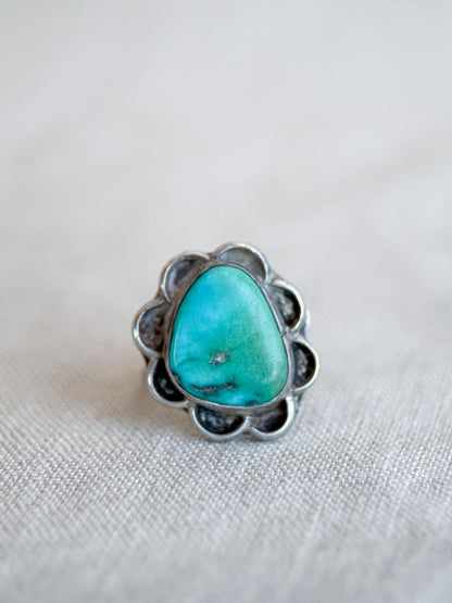 Vintage Turquoise Ring Sterling Silver, Scalloped Floral Statement Ring, Boho Everyday Jewelry