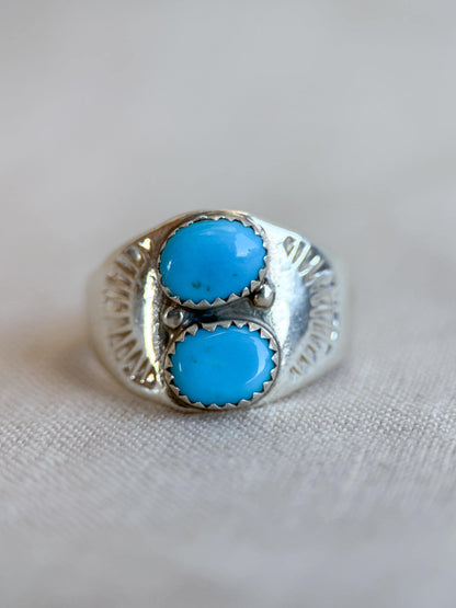 Vintage Turquoise Ring Sterling Silver, Two-Stone Bezel Statement Ring, Boho Everyday Jewelry
