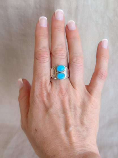 Vintage Turquoise Ring Sterling Silver, Two-Stone Bezel Statement Ring, Boho Everyday Jewelry