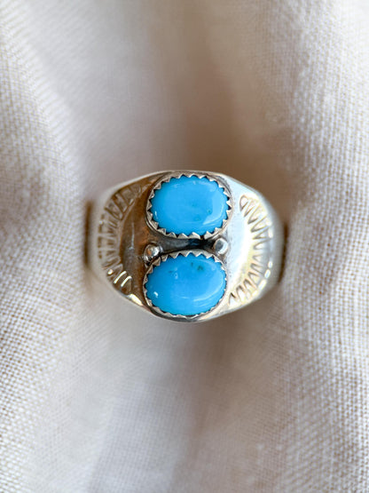 Vintage Turquoise Ring Sterling Silver, Two-Stone Bezel Statement Ring, Boho Everyday Jewelry