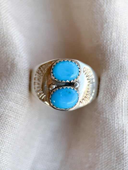Vintage Turquoise Ring Sterling Silver, Two-Stone Bezel Statement Ring, Boho Everyday Jewelry