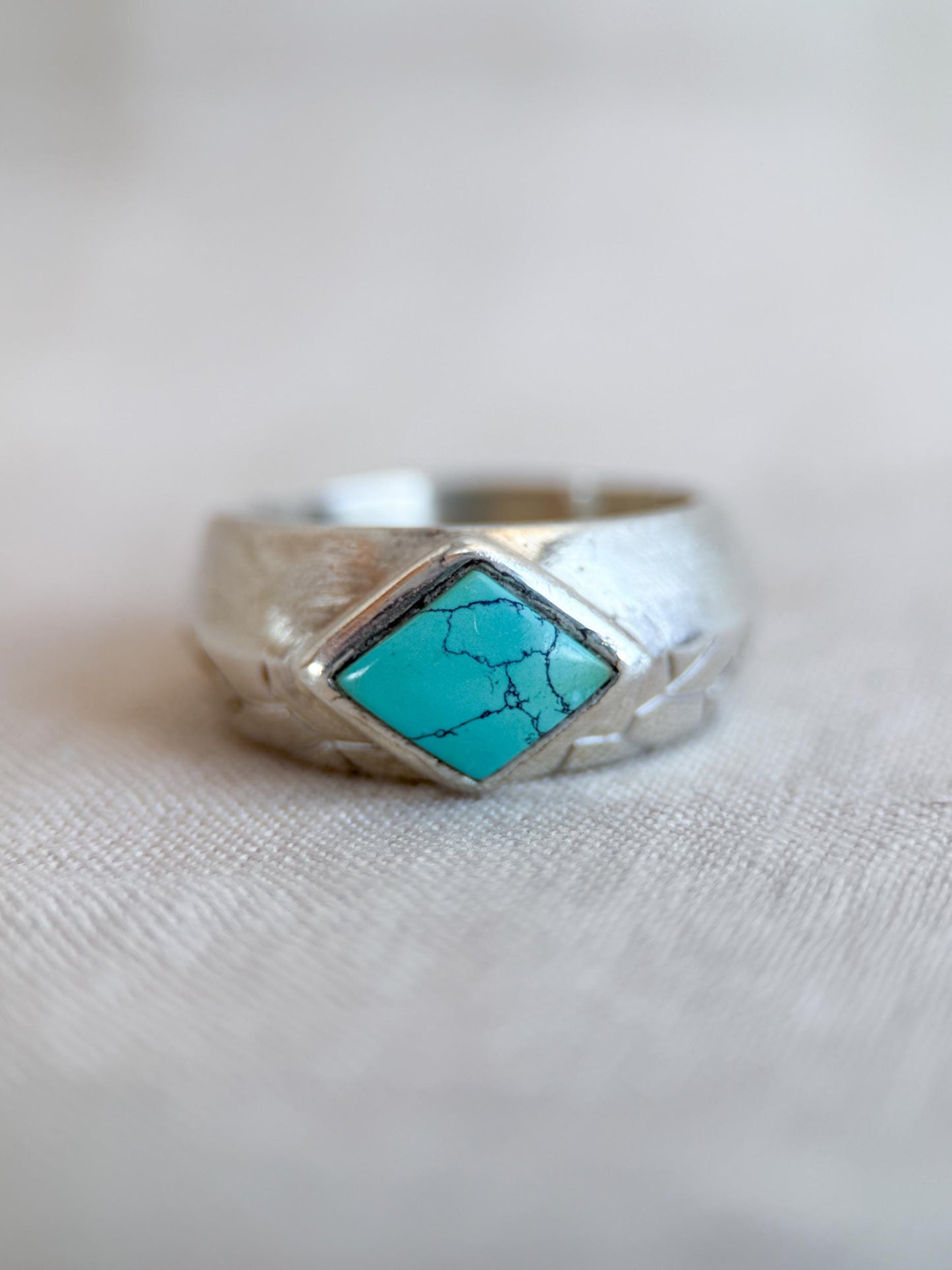 Vintage Turquoise Ring Sterling Silver, Diamond Shaped Bezel Statement Ring, Boho Everyday Jewelry