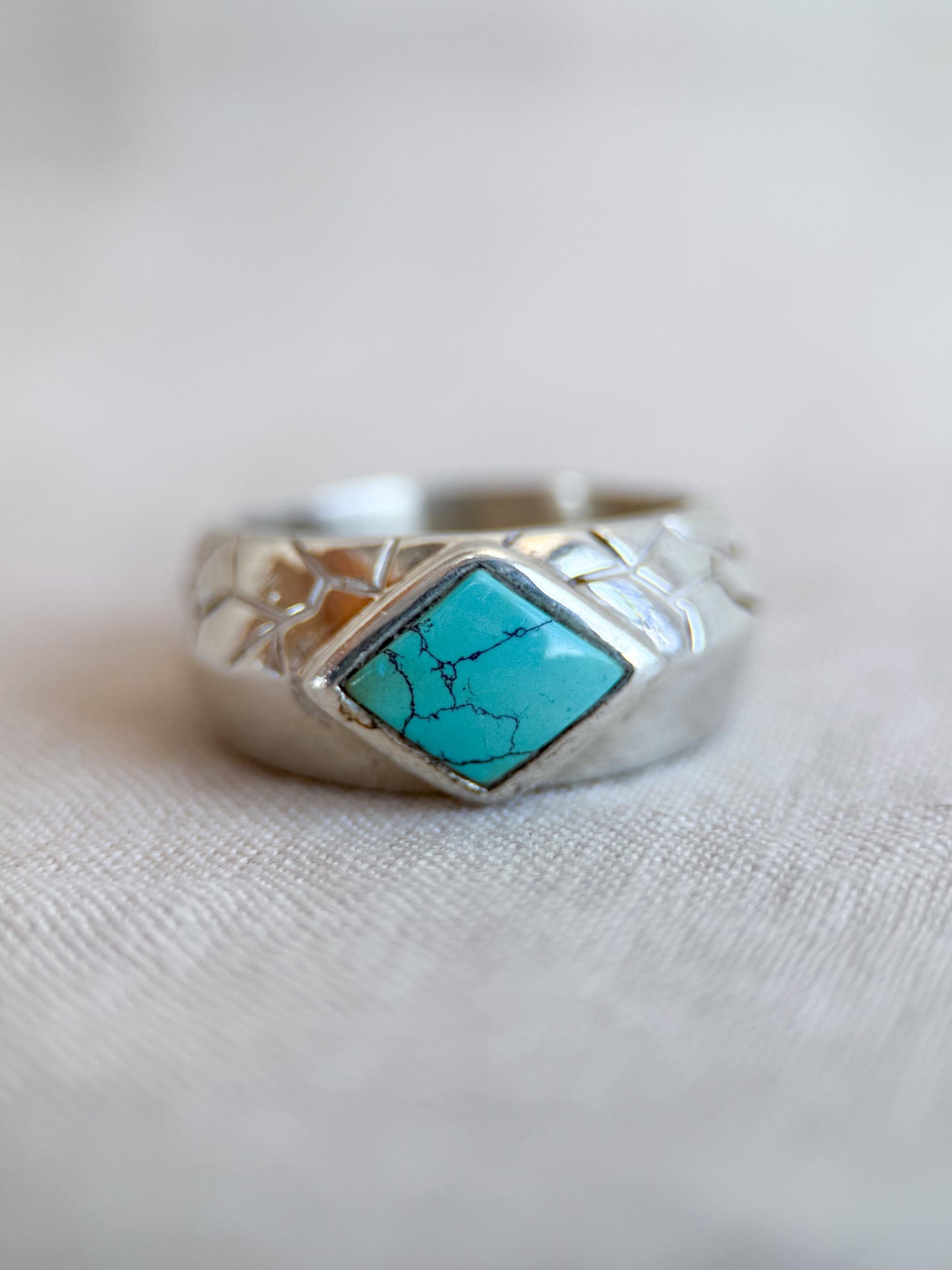 Vintage Turquoise Ring Sterling Silver, Diamond Shaped Bezel Statement Ring, Boho Everyday Jewelry
