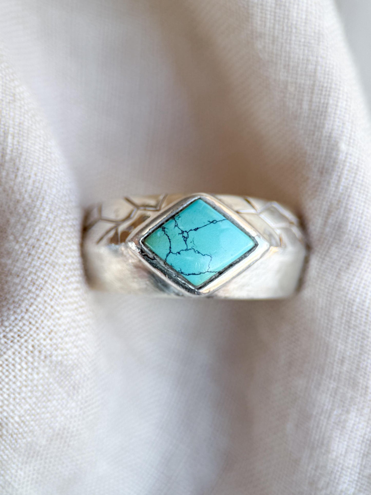 Vintage Turquoise Ring Sterling Silver, Diamond Shaped Bezel Statement Ring, Boho Everyday Jewelry
