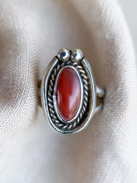 Vintage Coral Ring Sterling Silver, Oval Rope Bezel Statement Ring, Boho Everyday Jewelry