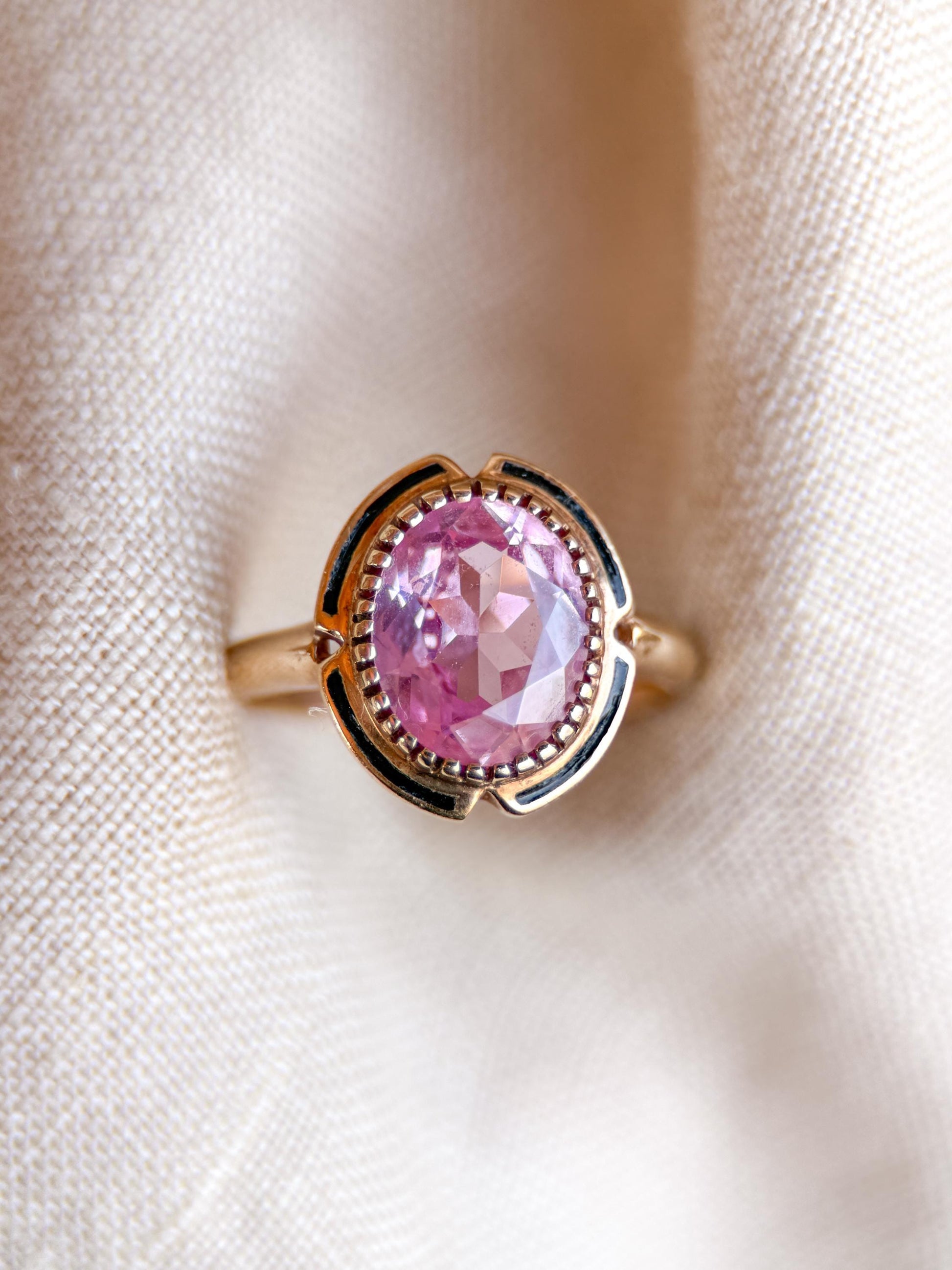 Vintage Pink Sapphire Engagement Ring, Oval Cut, 10k Gold Mid-Century Bridal Ring