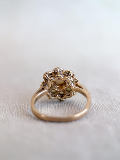 Vintage Opal Ring, 14k Gold, Round Cut Floral Halo Statement Ring, Unique Bold Jewelry