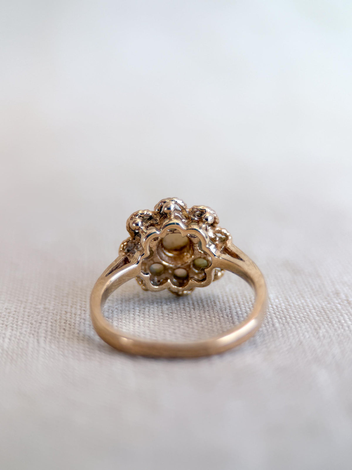 Vintage Opal Ring, 14k Gold, Round Cut Floral Halo Statement Ring, Unique Bold Jewelry