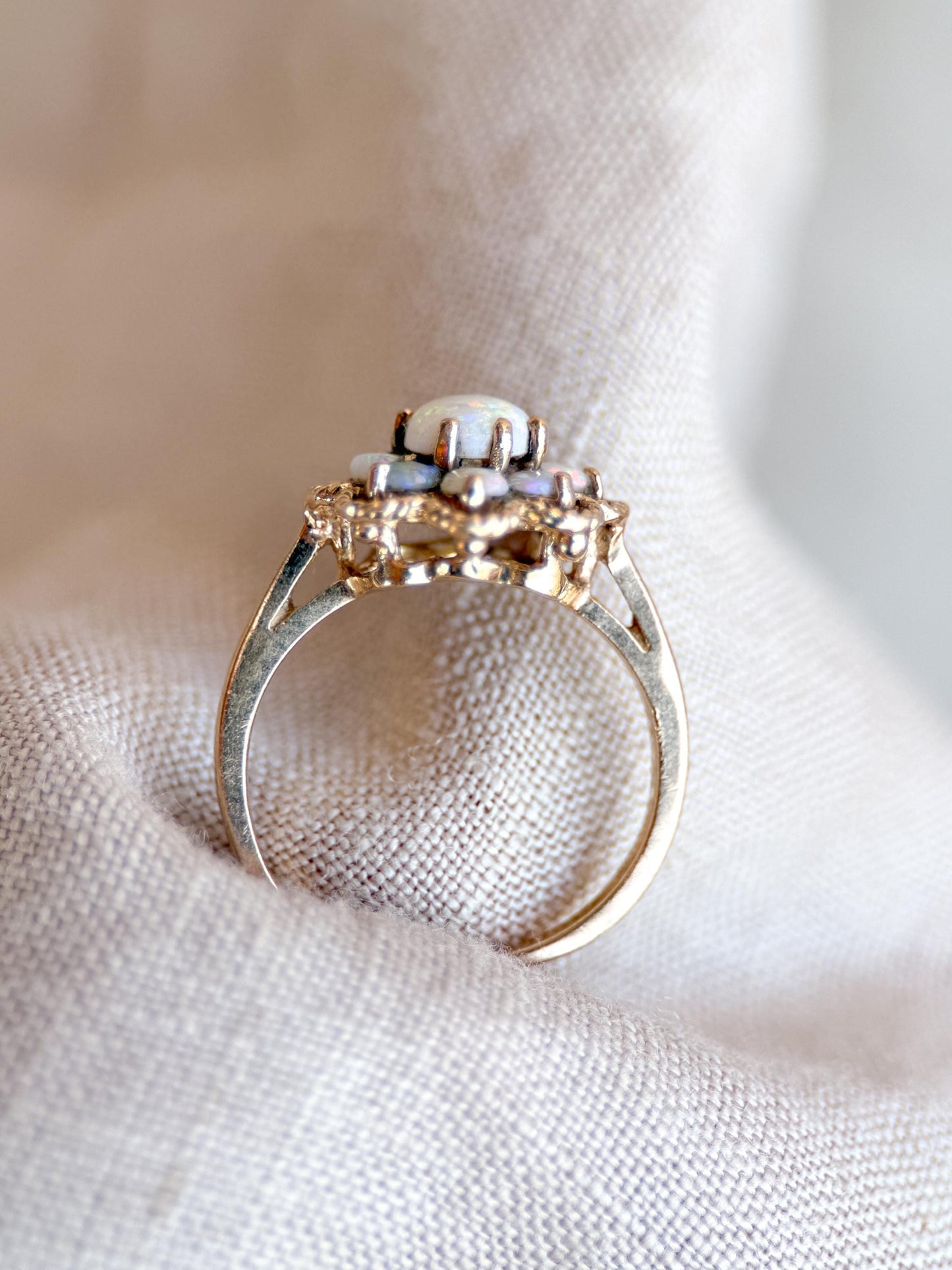 Vintage Opal Ring, 14k Gold, Round Cut Floral Halo Statement Ring, Unique Bold Jewelry