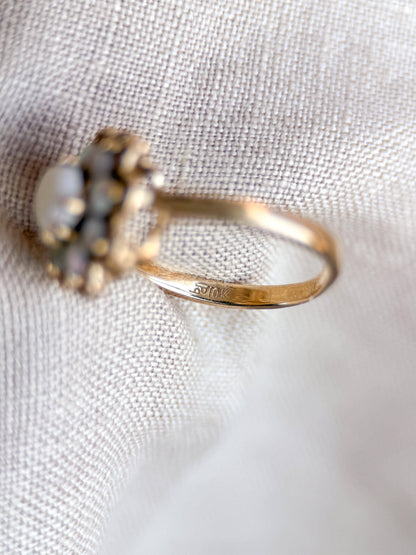 Vintage Opal Ring, 14k Gold, Round Cut Floral Halo Statement Ring, Unique Bold Jewelry