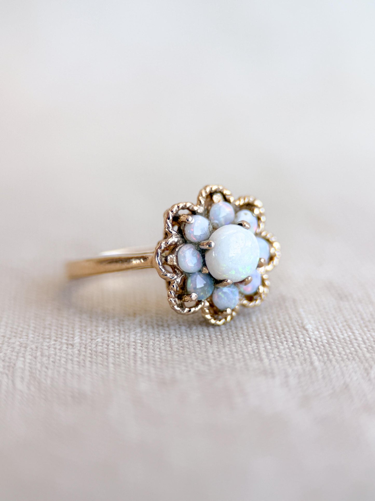 Vintage Opal Ring, 14k Gold, Round Cut Floral Halo Statement Ring, Unique Bold Jewelry