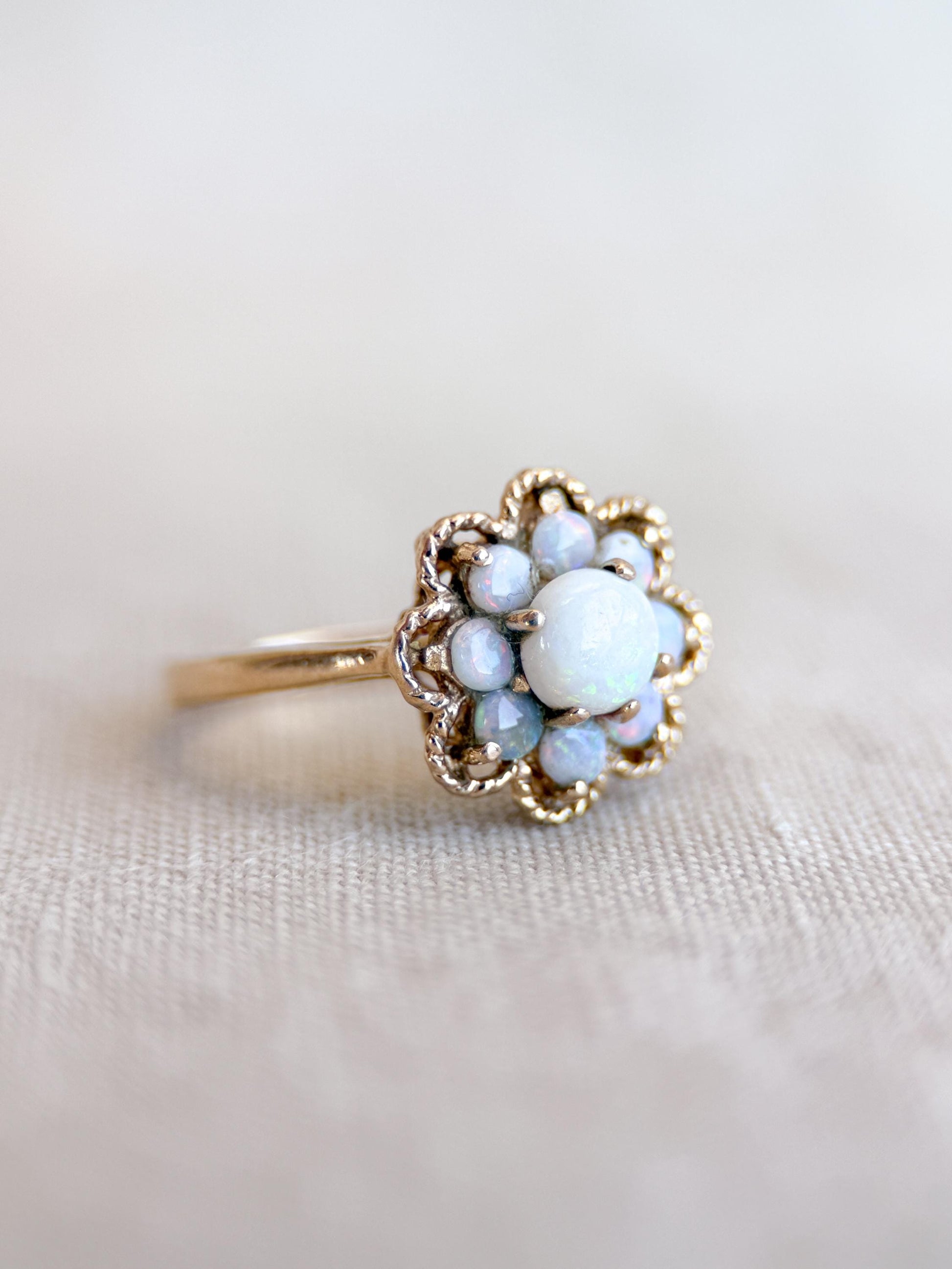 Vintage Opal Ring, 14k Gold, Round Cut Floral Halo Statement Ring, Unique Bold Jewelry