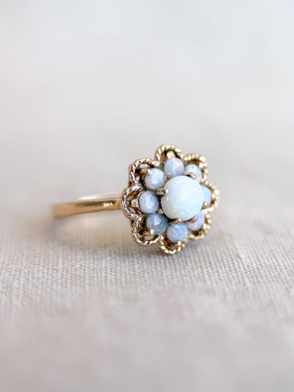 Vintage Opal Ring, 14k Gold, Round Cut Floral Halo Statement Ring, Unique Bold Jewelry