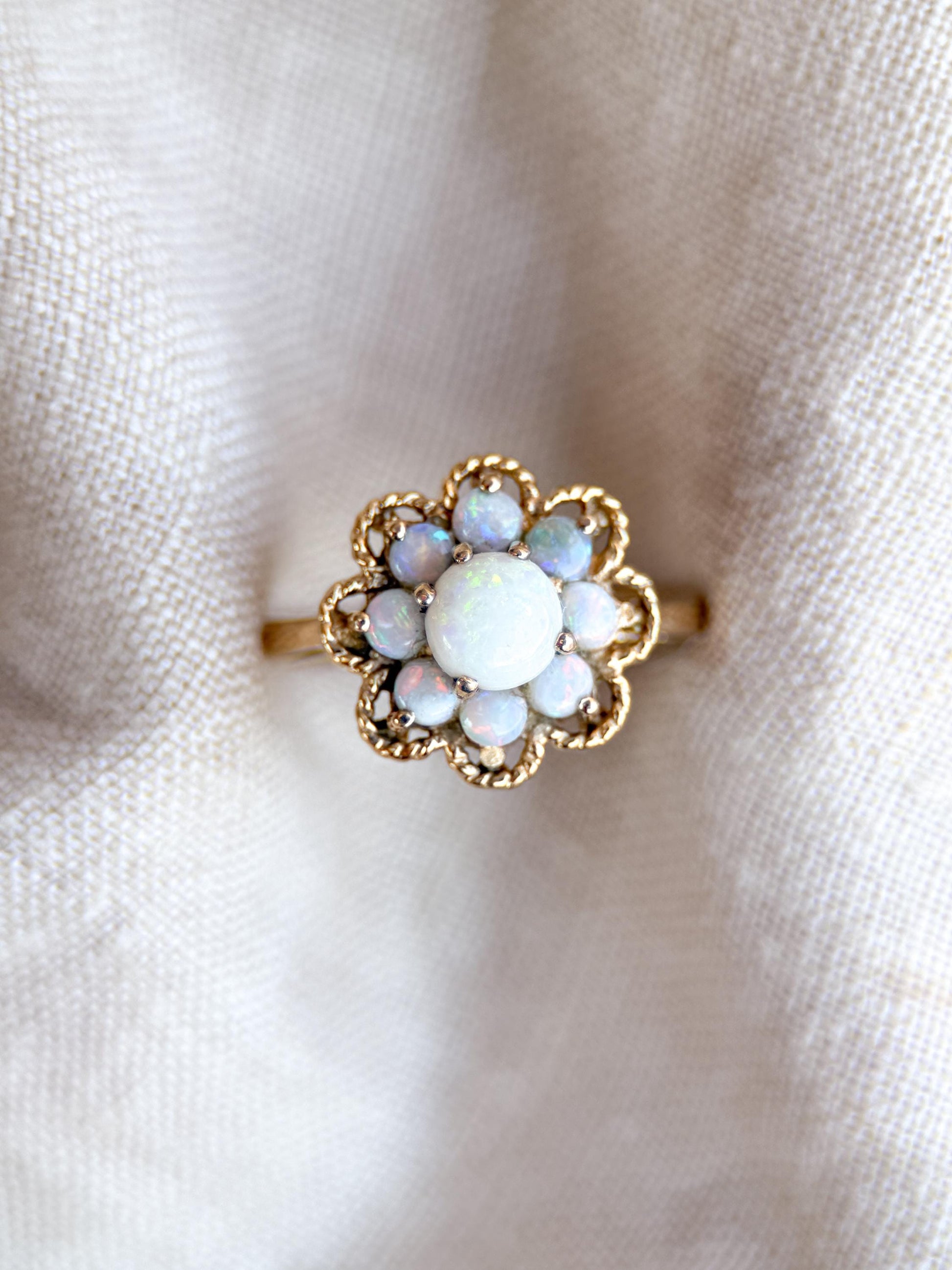 Vintage Opal Ring, 14k Gold, Round Cut Floral Halo Statement Ring, Unique Bold Jewelry