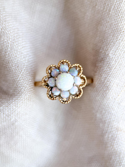 Vintage Opal Ring, 14k Gold, Round Cut Floral Halo Statement Ring, Unique Bold Jewelry