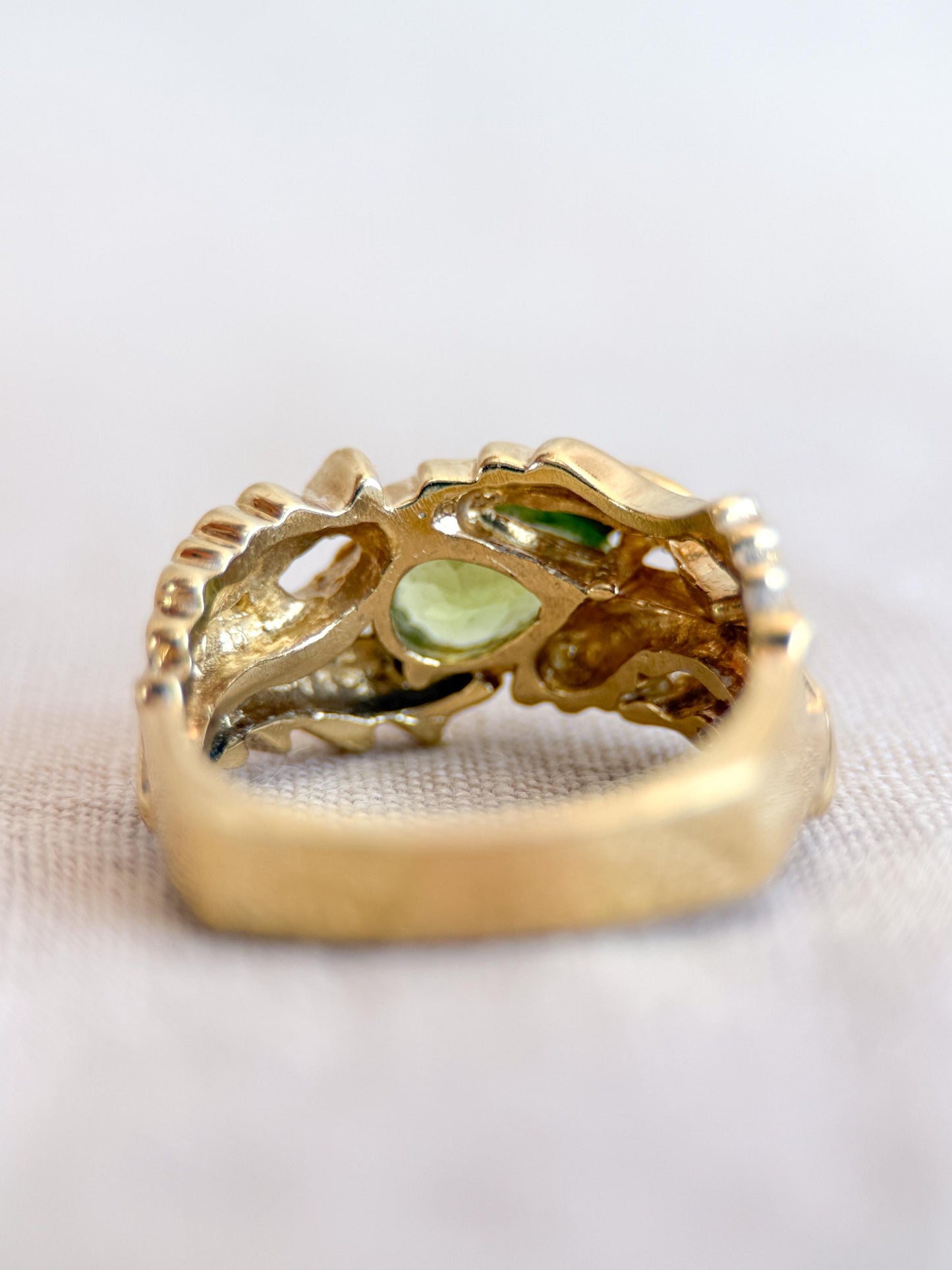 Vintage Peridot Ring, 18k Gold, Hand-Designed Pear Cut Floral Statement Ring, Unique Bold Jewelry