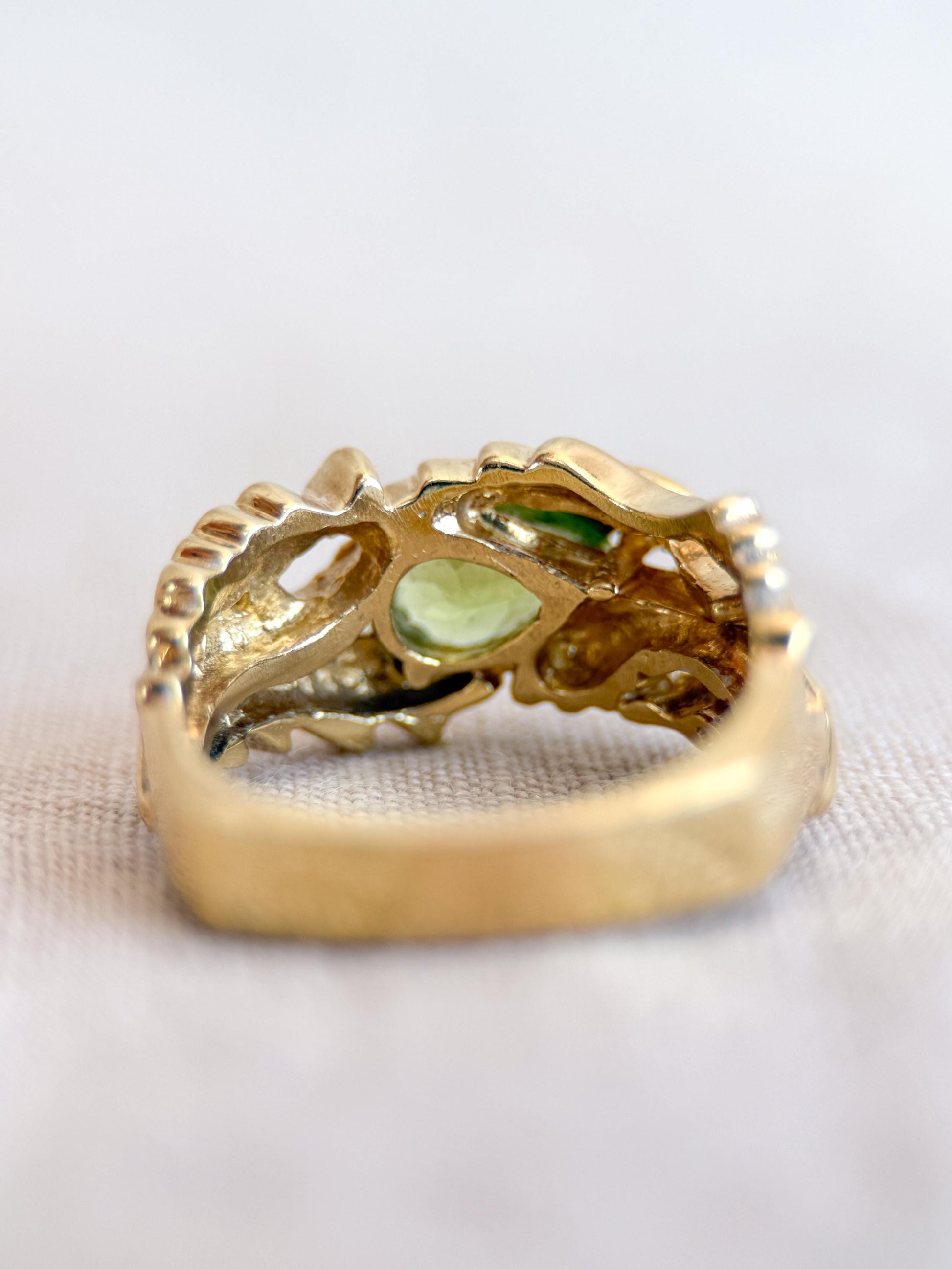 Vintage Peridot Ring, 18k Gold, Hand-Designed Pear Cut Floral Statement Ring, Unique Bold Jewelry