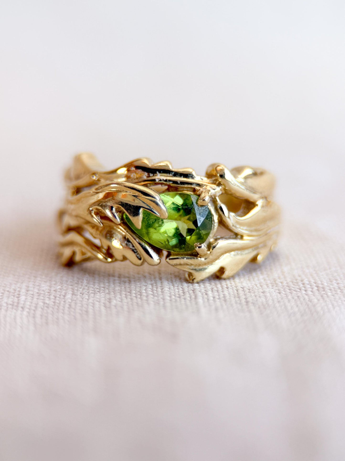 Vintage Peridot Ring, 18k Gold, Hand-Designed Pear Cut Floral Statement Ring, Unique Bold Jewelry