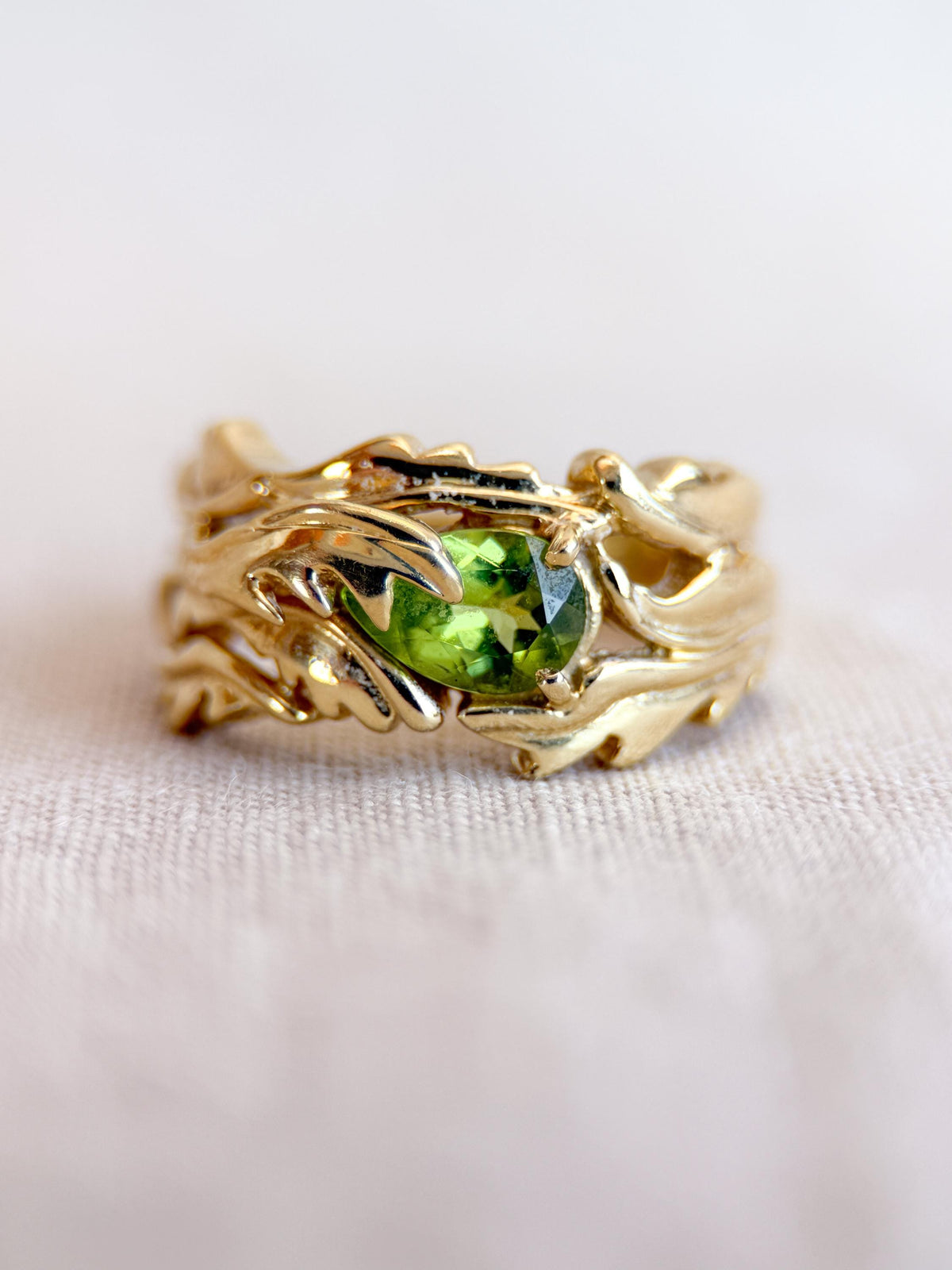 Vintage Peridot Ring, 18k Gold, Hand-Designed Pear Cut Floral Statement Ring, Unique Bold Jewelry