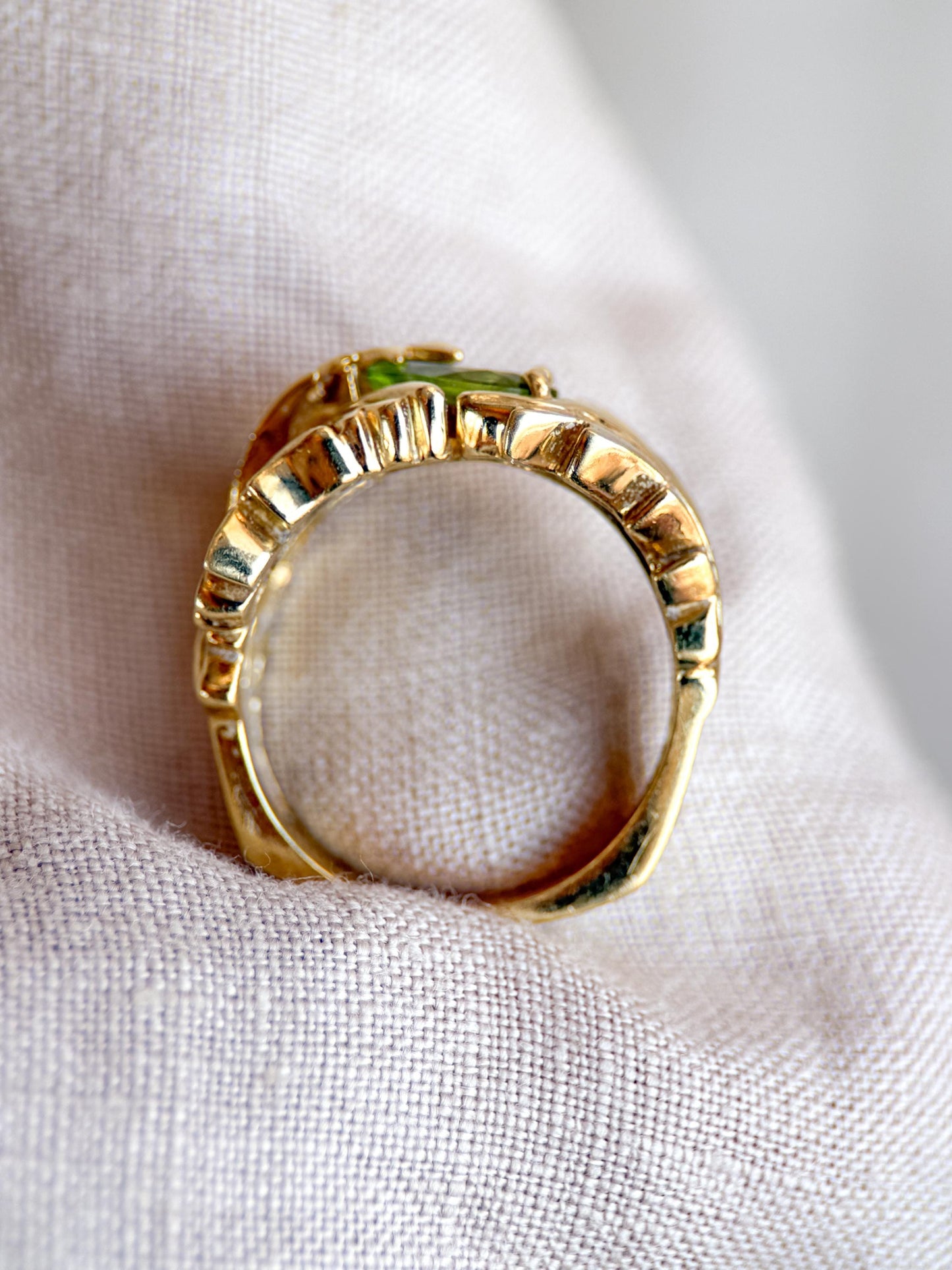 Vintage Peridot Ring, 18k Gold, Hand-Designed Pear Cut Floral Statement Ring, Unique Bold Jewelry