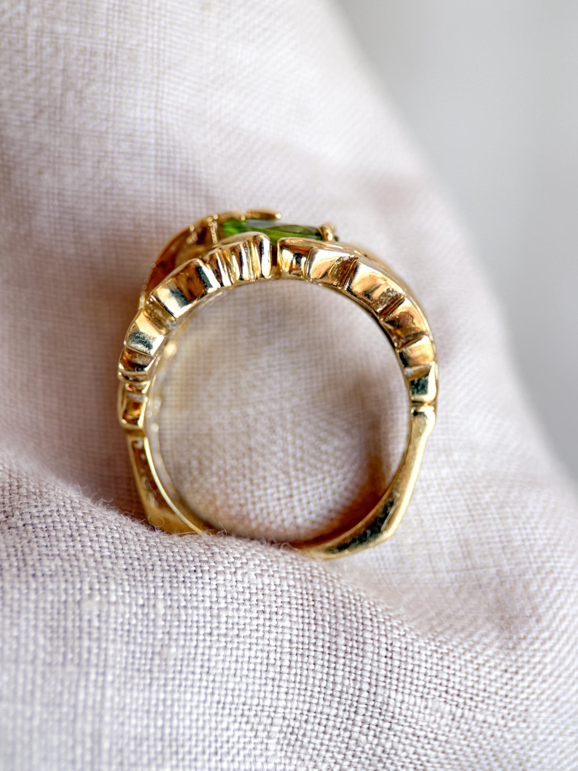 Vintage Peridot Ring, 18k Gold, Hand-Designed Pear Cut Floral Statement Ring, Unique Bold Jewelry