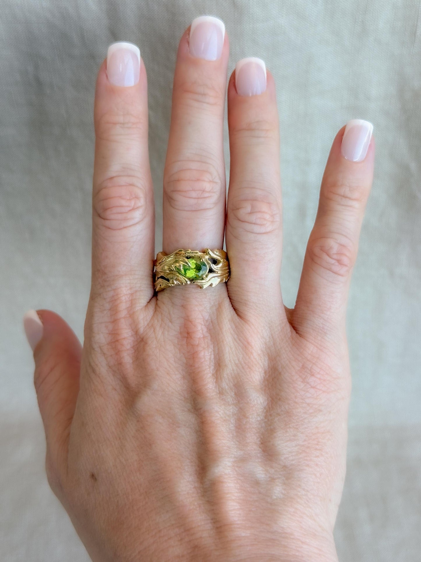 Vintage Peridot Ring, 18k Gold, Hand-Designed Pear Cut Floral Statement Ring, Unique Bold Jewelry