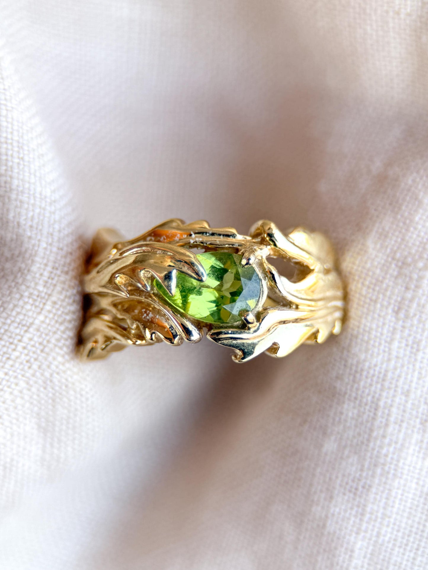 Vintage Peridot Ring, 18k Gold, Hand-Designed Pear Cut Floral Statement Ring, Unique Bold Jewelry