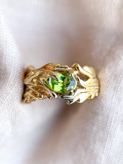 Vintage Peridot Ring, 18k Gold, Hand-Designed Pear Cut Floral Statement Ring, Unique Bold Jewelry