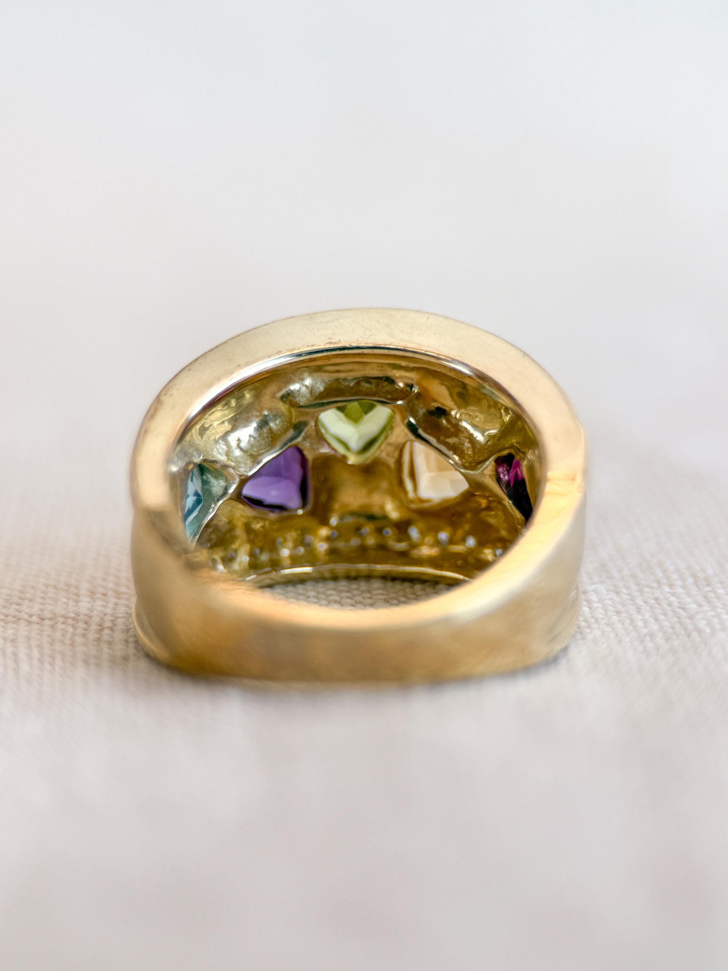 Vintage Rainbow Gemstone and Diamond Ring, 14k Gold, Trillion Cut Statement Band, Geometric Jewelry