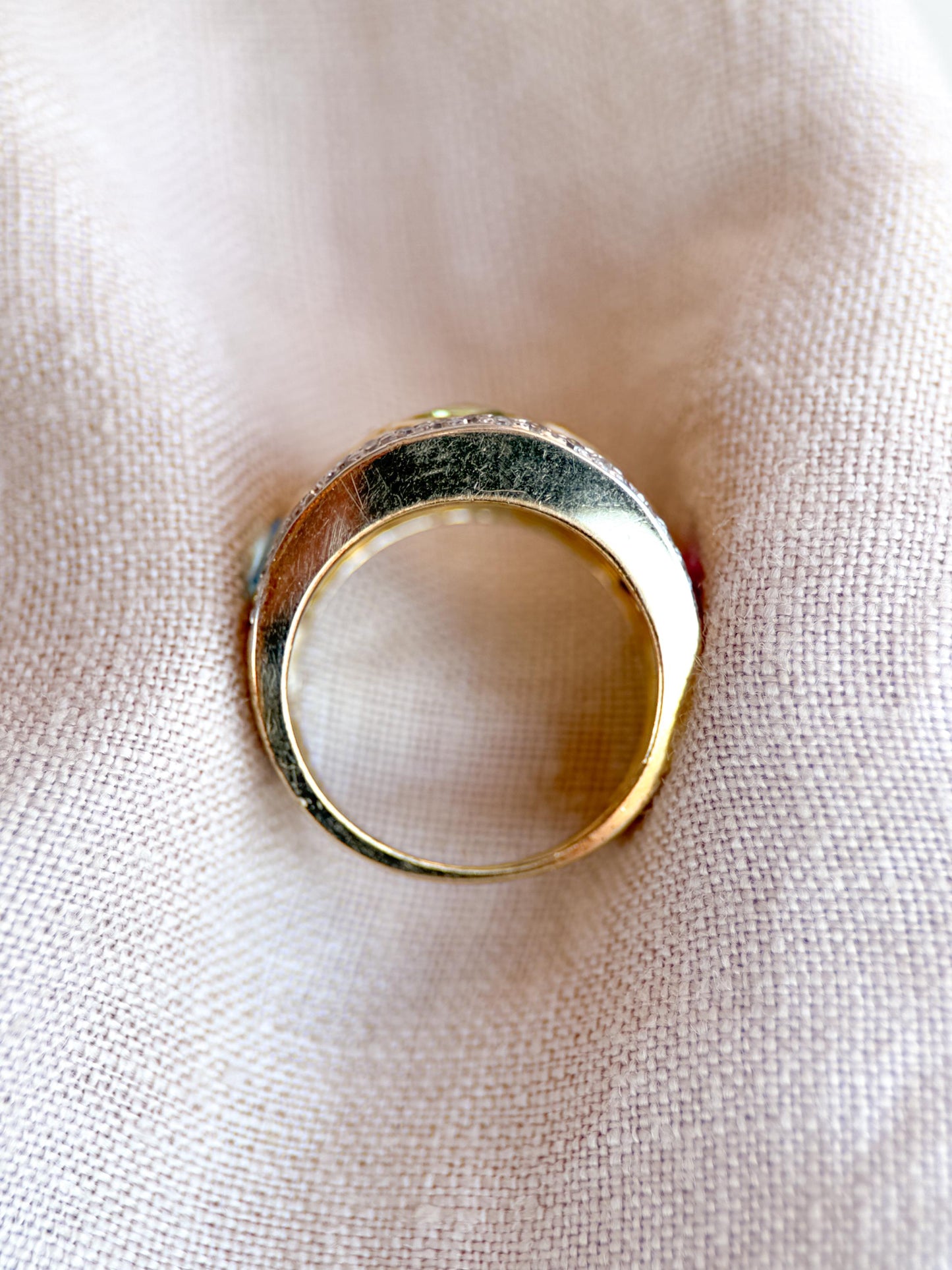 Vintage Rainbow Gemstone and Diamond Ring, 14k Gold, Trillion Cut Statement Band, Geometric Jewelry
