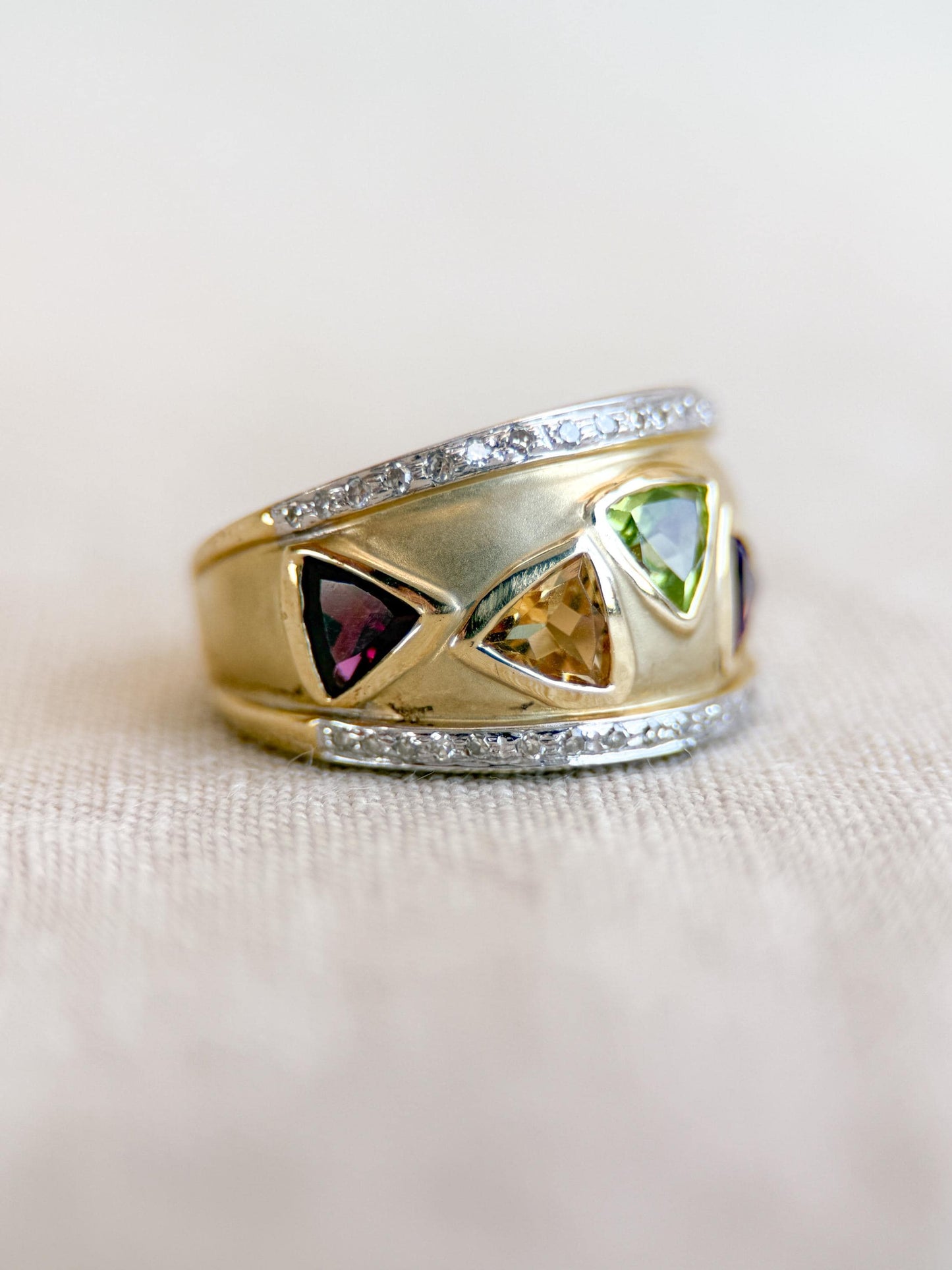 Vintage Rainbow Gemstone and Diamond Ring, 14k Gold, Trillion Cut Statement Band, Geometric Jewelry