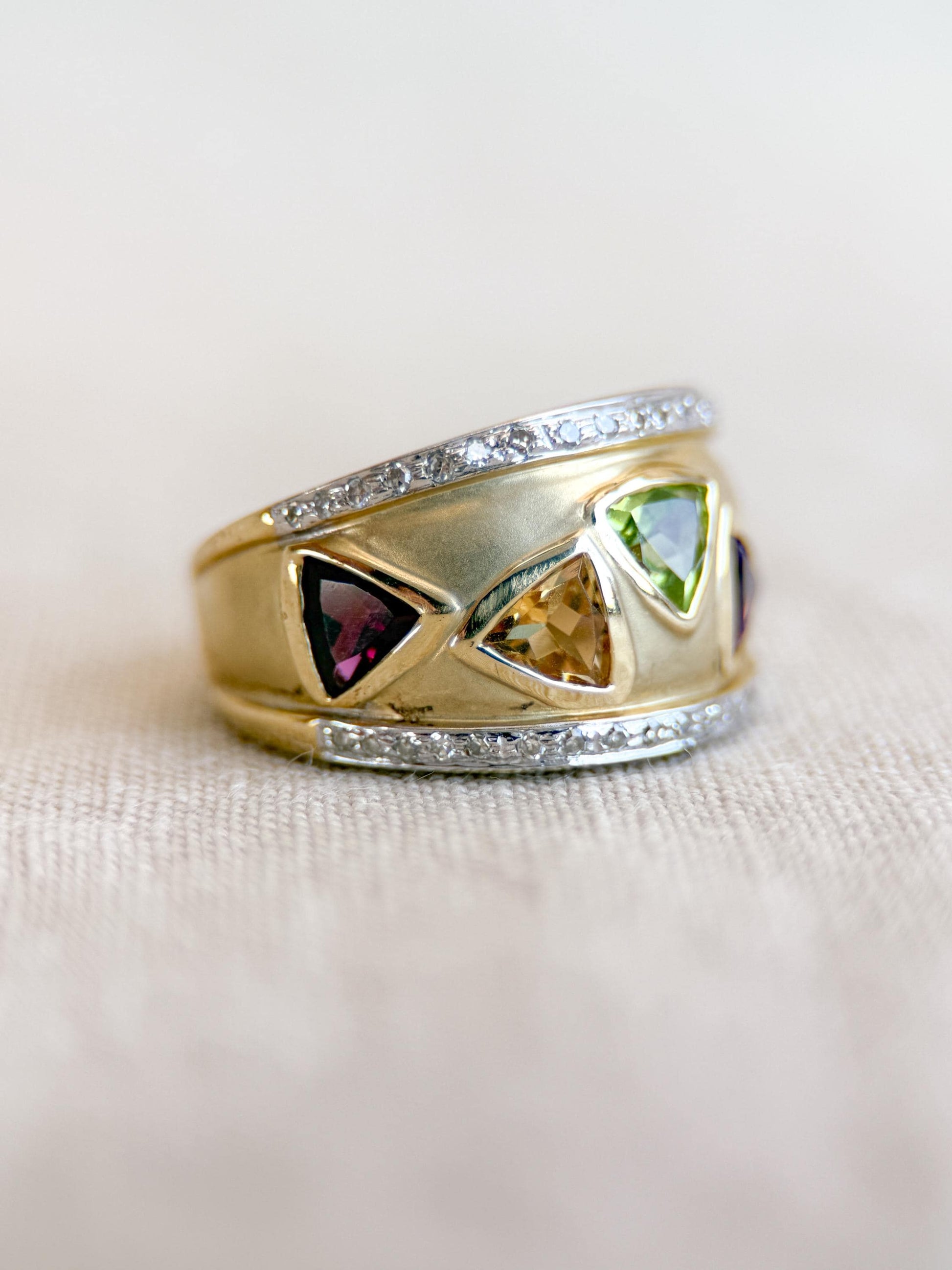 Vintage Rainbow Gemstone and Diamond Ring, 14k Gold, Trillion Cut Statement Band, Geometric Jewelry
