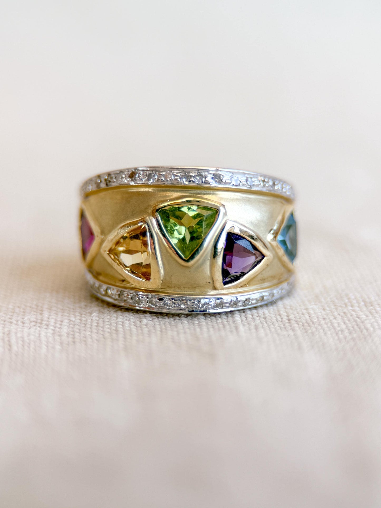 Vintage Rainbow Gemstone and Diamond Ring, 14k Gold, Trillion Cut Statement Band, Geometric Jewelry