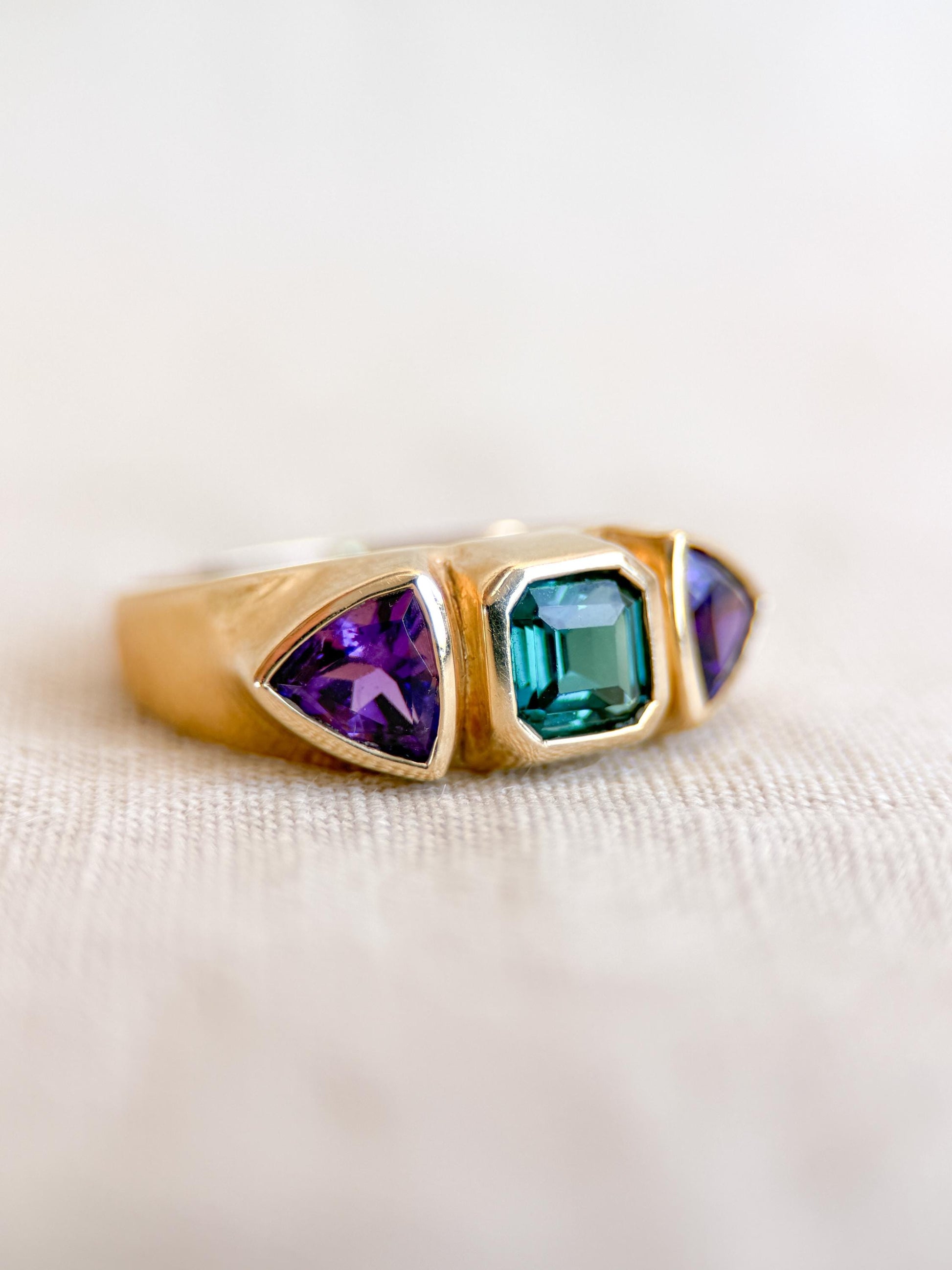 Vintage Tourmaline and Amethyst Ring, 14k Gold, Bezel Geometric Statement Ring, Unique Bold Jewelry