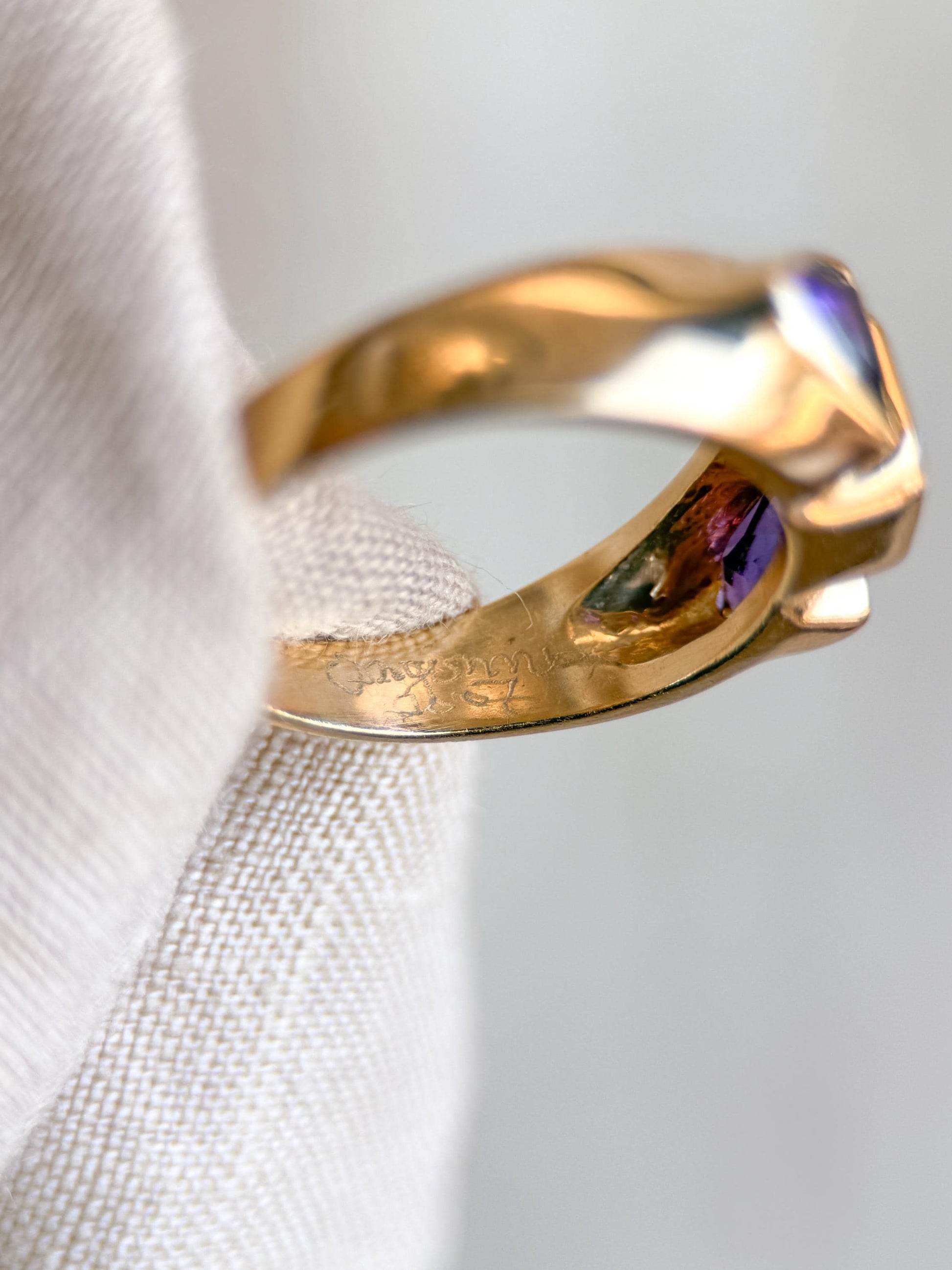 Vintage Tourmaline and Amethyst Ring, 14k Gold, Bezel Geometric Statement Ring, Unique Bold Jewelry