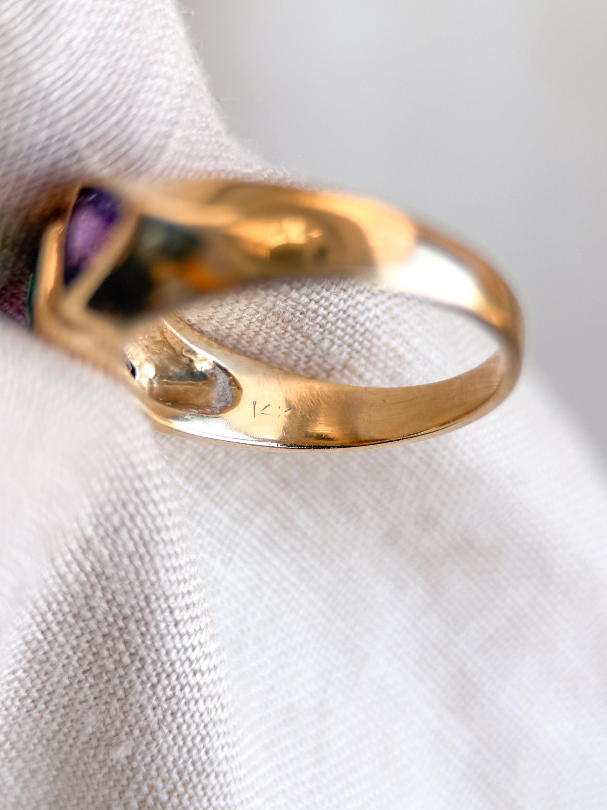 Vintage Tourmaline and Amethyst Ring, 14k Gold, Bezel Geometric Statement Ring, Unique Bold Jewelry