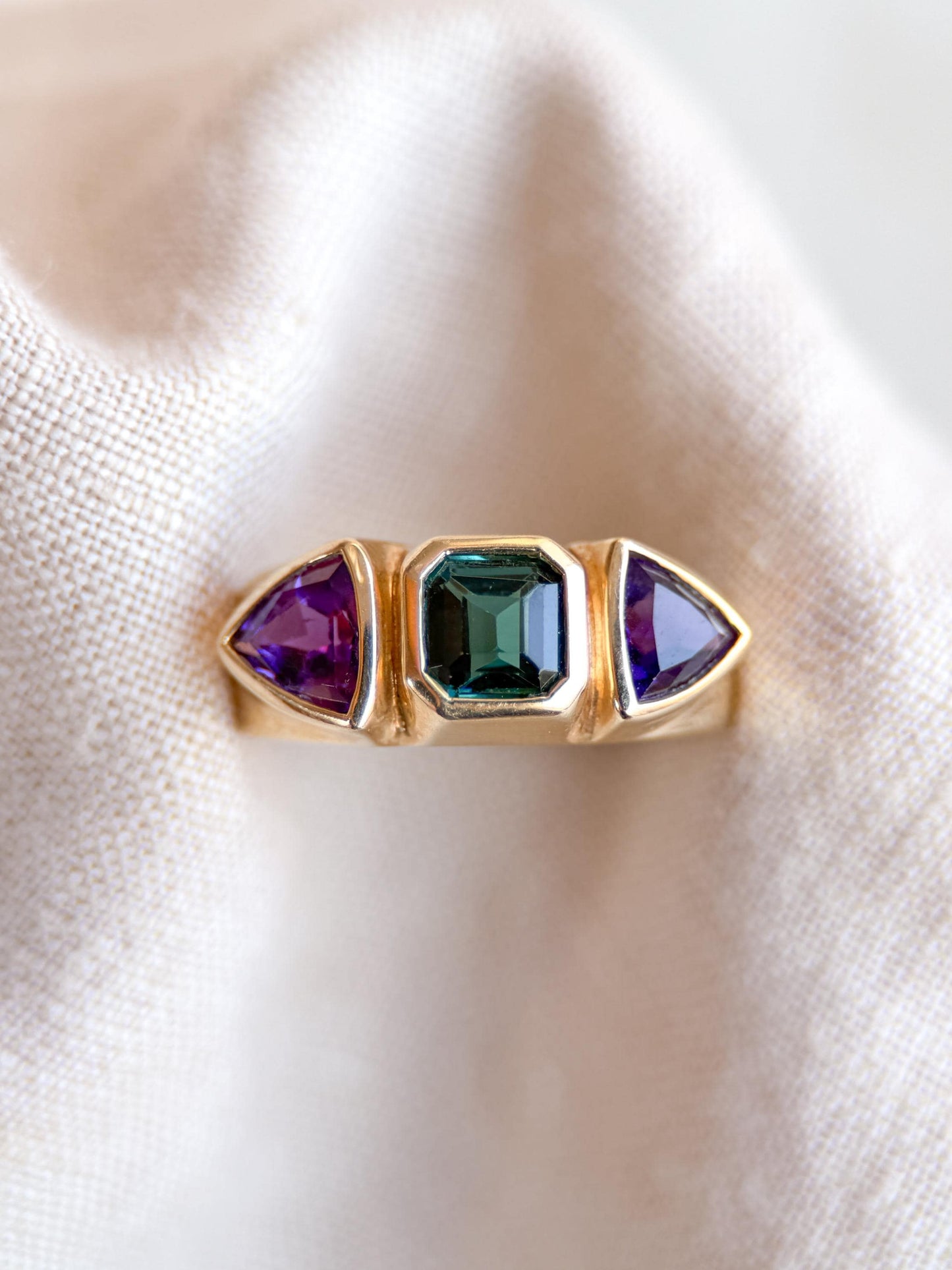 Vintage Tourmaline and Amethyst Ring, 14k Gold, Bezel Geometric Statement Ring, Unique Bold Jewelry