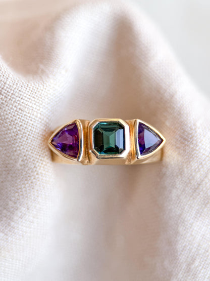 Vintage Tourmaline and Amethyst Ring, 14k Gold, Bezel Geometric Statement Ring, Unique Bold Jewelry